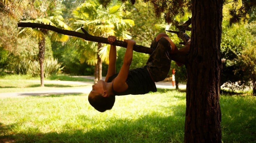 child climbing tree upside down