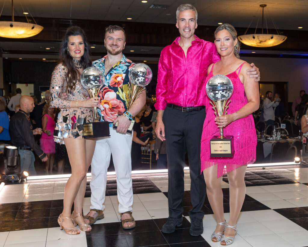 Singles Category winner Jacquelyn Koerber with professional instructor Clay Marshall and Couples Category winners Justin and Kara Enders